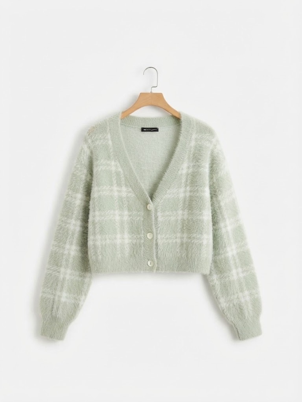 Kendall + Kylie Sage Green Plaid Fuzzy Cropped Cardigan Sweater Size L